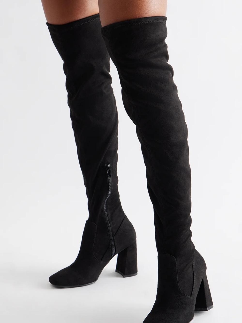 Over-the-Knee Black Suede Block Heel Boots
